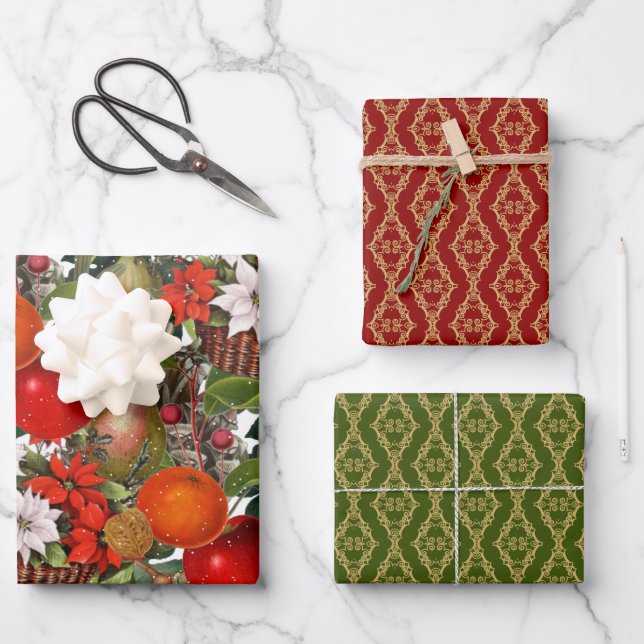 Feuille De Papier Cadeau Fleurs de Noël et fruits (Recto)