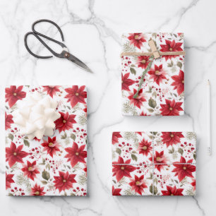 Feuille De Papier Cadeau Fleurs de Noël Rouge Poinsettia Berry Rouge Floral