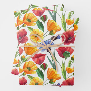 Feuille De Papier Cadeau Fleurs de pavot rouge et jaune élégantes, Fleurs d