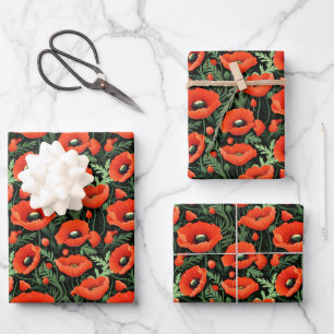Feuille De Papier Cadeau Fleurs de pavot rouge Flore verdure Naissance
