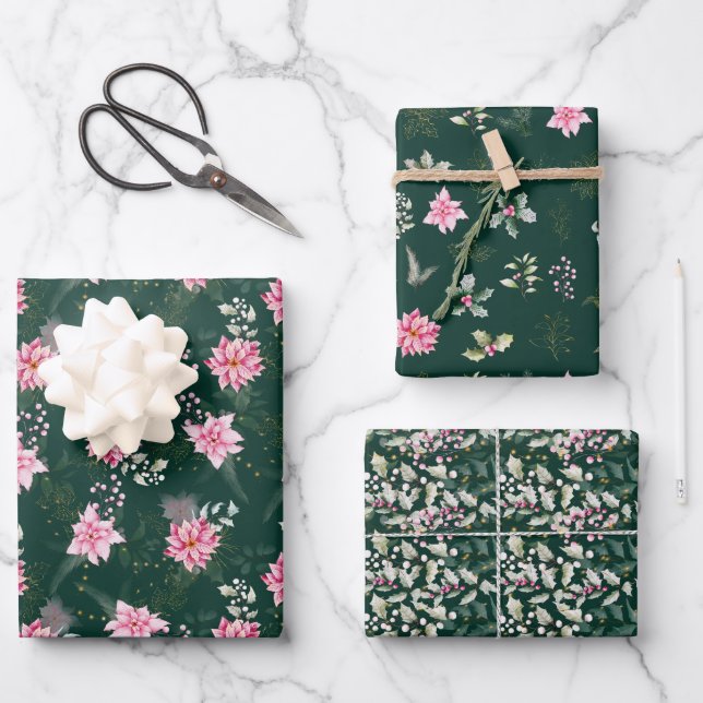 Feuille De Papier Cadeau Fleurs de Poinsététie rose sur Vert foncé (Recto)