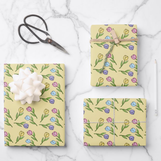 Feuille De Papier Cadeau Fleurs de printemps aléatoires Tulipes Pâques (Recto)
