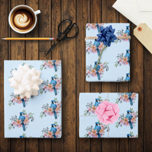 Feuille De Papier Cadeau Fleurs de printemps bleu Jay