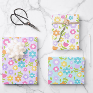 Feuille De Papier Cadeau Fleurs de printemps multicolores bleues, violettes