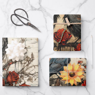 Feuille De Papier Cadeau Fleurs de soleil d'inspiration vintage Roses rouge