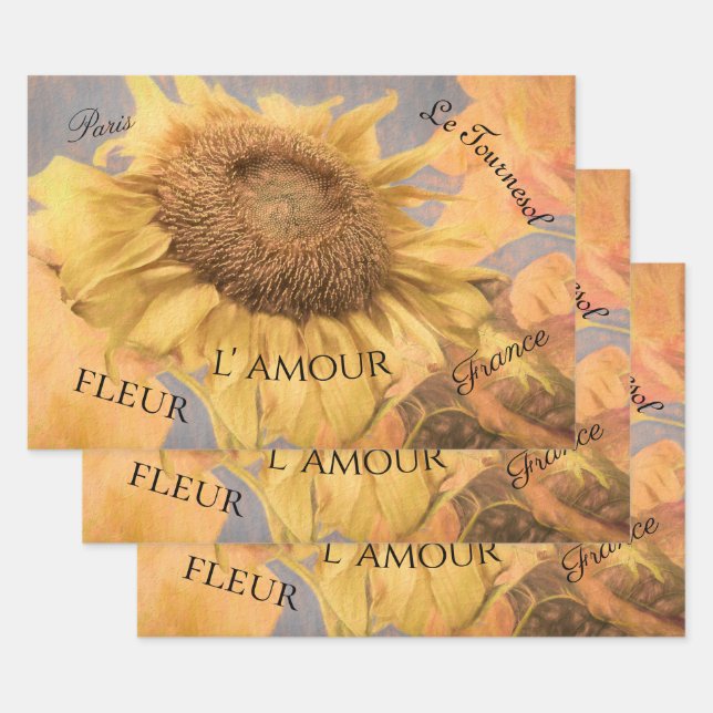 Feuille De Papier Cadeau Fleurs de soleil géantes Pays Gris Jaune Script (Lot)