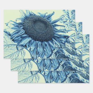 Feuille De Papier Cadeau Fleurs de soleil géantes Vintage Art Bleu Découp