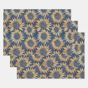 Feuille De Papier Cadeau Fleurs de soleil jaunes Abstraites sur bleu