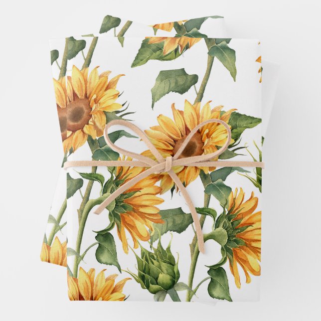 Feuille De Papier Cadeau Fleurs de soleil jaunes et jardin d'aquarelle Feui (En situation)