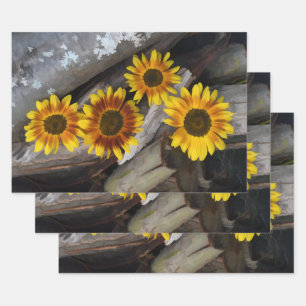 Feuille De Papier Cadeau Fleurs de soleil sur les billes Brown Jaune Vintag