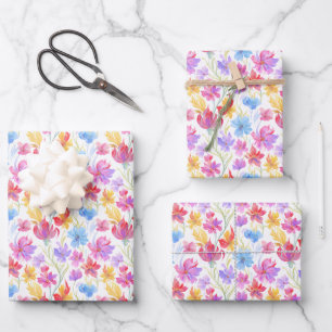 Feuille De Papier Cadeau Fleurs de style aquarelle abstrait rose bleu jaune