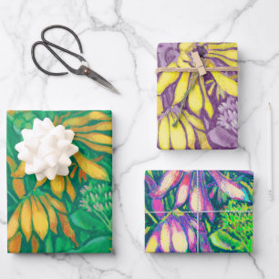 Feuille De Papier Cadeau Fleurs de tournesol Floral Art Vert Jaune violet