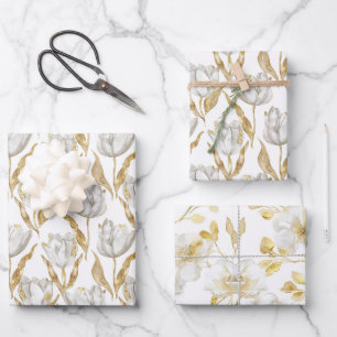 Feuille De Papier Cadeau Fleurs de tulipe blanches dorées Baby Shower