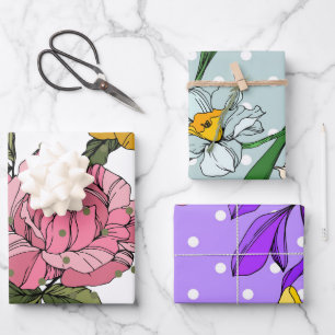 Feuille De Papier Cadeau Fleurs dessinées à la main adorable Purple Blue Ro