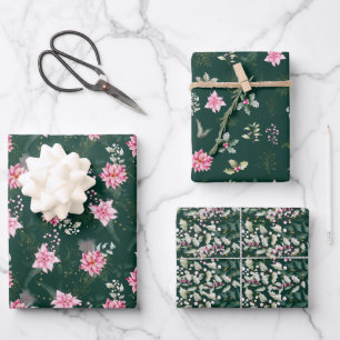 Feuille De Papier Cadeau Fleurs d'Euphorbe Rose sur Fond Vert Foncé