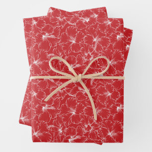 Feuille De Papier Cadeau Fleurs d'Hibiscus blanc en fleurs sur le rouge