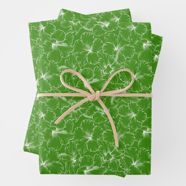Feuille De Papier Cadeau Fleurs d'Hibiscus blanc en fleurs sur vert (En situation)