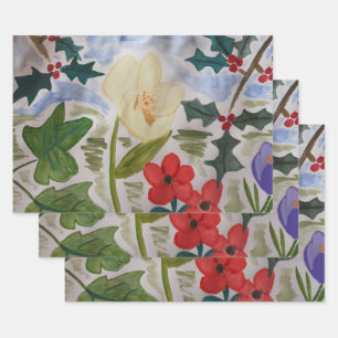 Feuille De Papier Cadeau Fleurs d'hiver et Holly