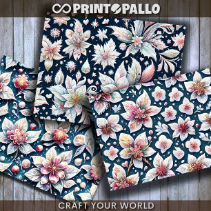 Feuille De Papier Cadeau Fleurs d'hiver sur fond noir pour découpage