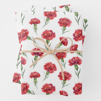Feuille De Papier Cadeau Fleurs d'œillet rouge à l'aquarelle sur fond blanc