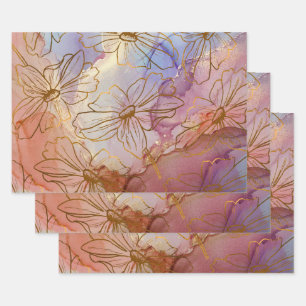 Feuille De Papier Cadeau Fleurs d'or sur Pastel Abstrait