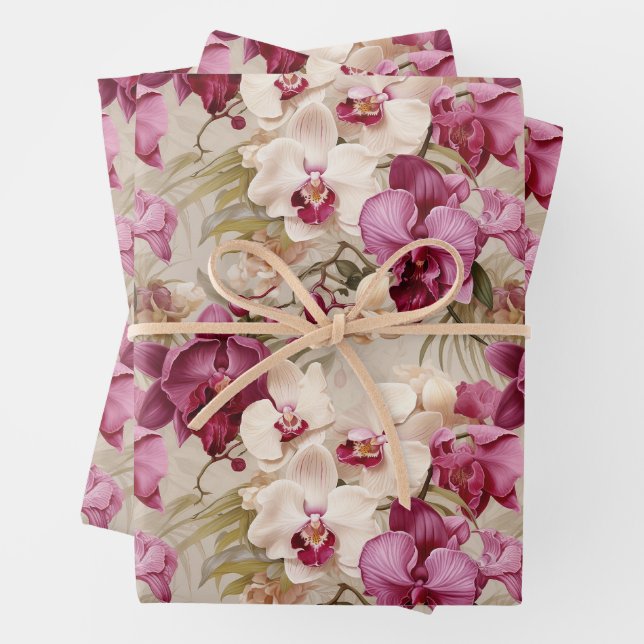 Feuille De Papier Cadeau Fleurs d'orchidées exotiques colorées (En situation)