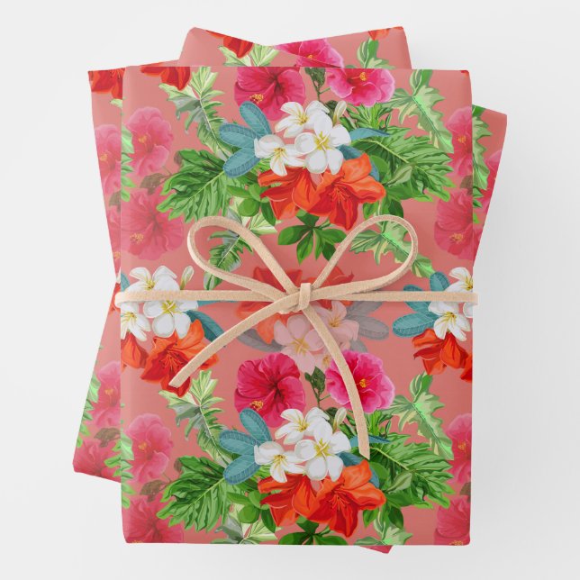 Feuille De Papier Cadeau Fleurs élégantes sur rose (En situation)