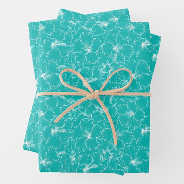 Feuille De Papier Cadeau Fleurs en Fleurs sur Turquoise (En situation)