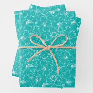 Feuille De Papier Cadeau Fleurs épanouies sur turquoise