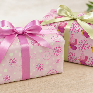 Feuille De Papier Cadeau Fleurs Et Papillons Aux Teintes De Rose