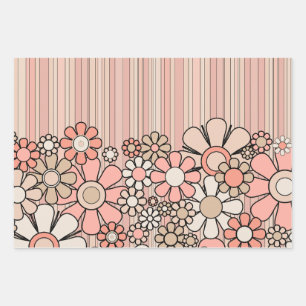 Feuille De Papier Cadeau Fleurs et rayures roses rétro Vintages des années 