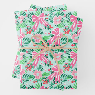 Feuille De Papier Cadeau Fleurs et vaches de Noël rose et vert