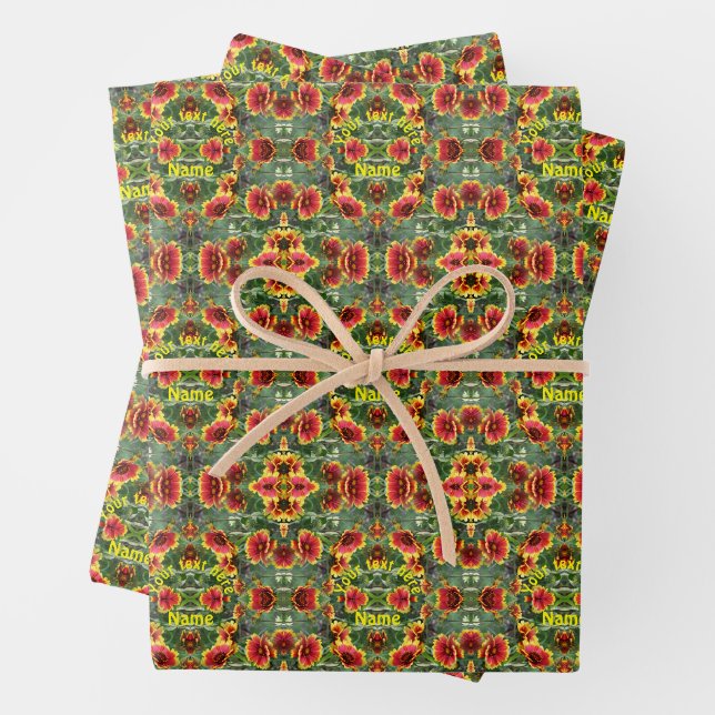 Feuille De Papier Cadeau Fleurs Faisées Rouges Et Jaunes Personnalisées (En situation)