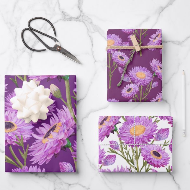 Feuille De Papier Cadeau Fleurs florales de marguerite violette (Recto)