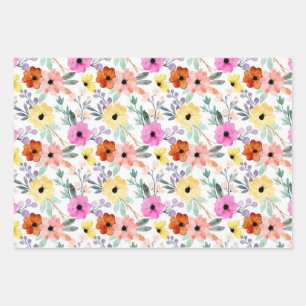 Feuille De Papier Cadeau Fleurs Florales Rose, Rouge, Jaune Aquarelle