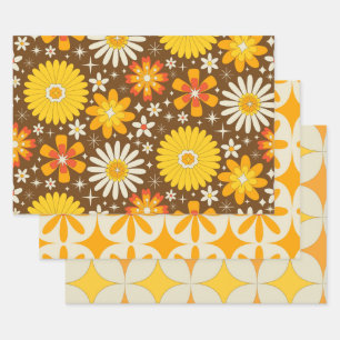 Feuille De Papier Cadeau Fleurs groovy rétro des années 70 avec explosions