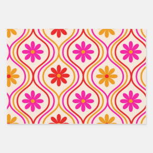 Feuille De Papier Cadeau Fleurs hippies rétro sur oignon rose orange rouge