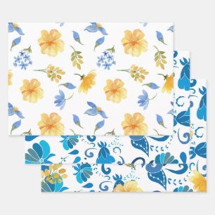 Feuille De Papier Cadeau Fleurs jaunes carreaux bleus italien enterrement d