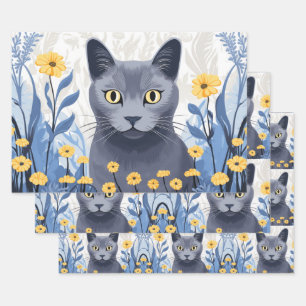 Feuille De Papier Cadeau Fleurs Jaunes Chat Bleu Russe
