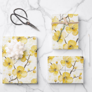 Feuille De Papier Cadeau Fleurs Jaunes Dorées Fête de Mariage