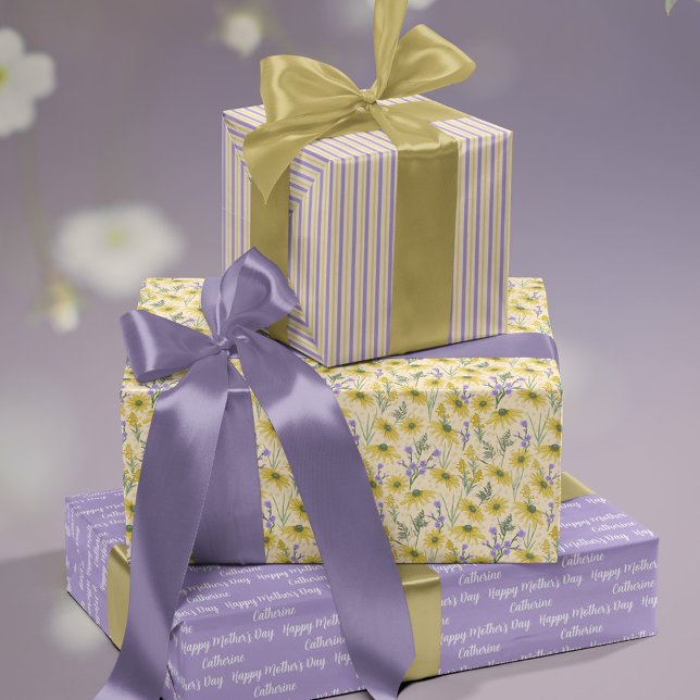 Feuille De Papier Cadeau Fleurs jaunes et violets Fête des mères (Créateur téléchargé)