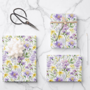 Feuille De Papier Cadeau Fleurs jaunes et violets Imprimer Botanique