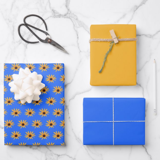 Feuille De Papier Cadeau Fleurs Jaunes Solaires Lumineuses sur Bleu Royal (Recto)