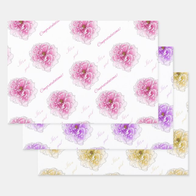 Feuille De Papier Cadeau Fleurs Jaunes Violet baby shower Rose (Lot)