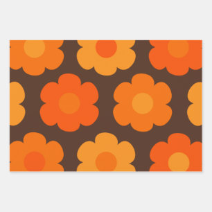 Feuille De Papier Cadeau Fleurs les années 70 rétro Orange et motif Floral 