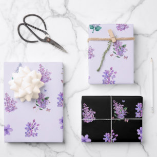 Feuille De Papier Cadeau Fleurs Lilac élégantes Noir et clair violet