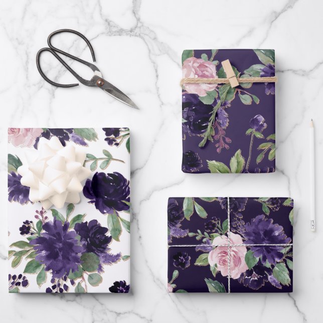 Feuille De Papier Cadeau Fleurs luxuriantes | Motif floral pourpre et rose (Recto)