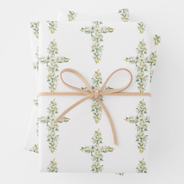 Feuille De Papier Cadeau Fleurs Lys Blanches Croix Florale Baptême Religieu (En situation)