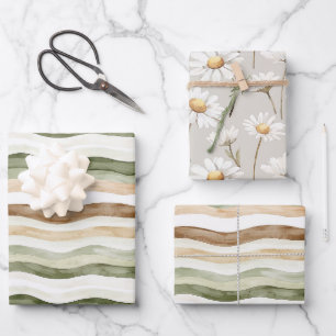 Feuille De Papier Cadeau Fleurs Marguerite Anniversaire Rayures Vert Crème 