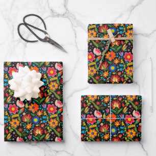Feuille De Papier Cadeau Fleurs mexicaines de fiesta carrelées